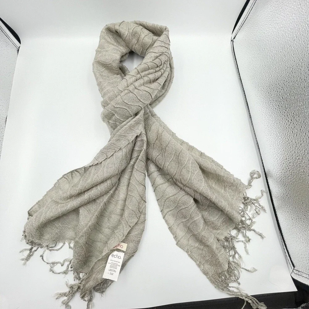 Echo Unisex Acrylic Fringe Scarf  Beige  90 in X 25 In